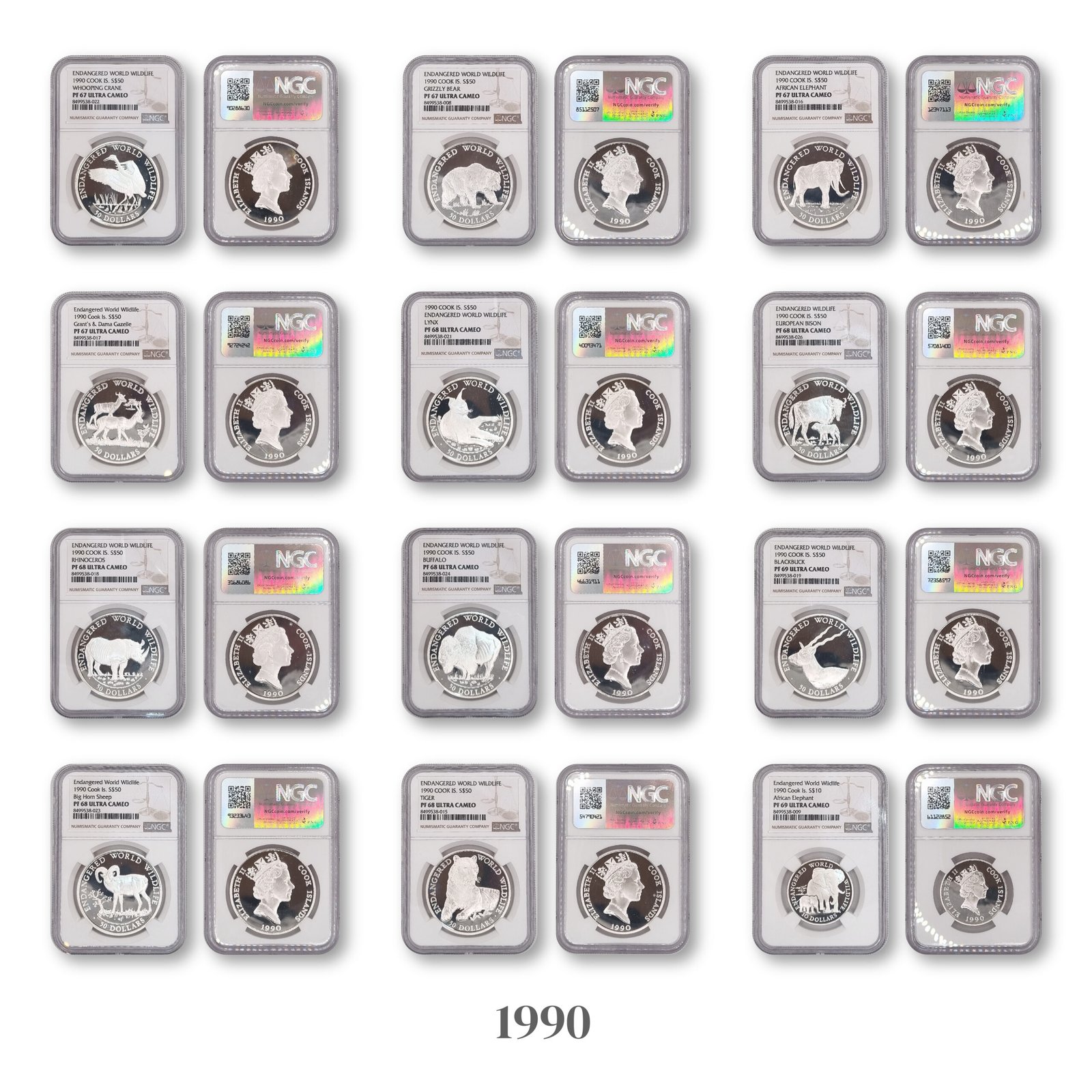 1990 - 1993 Cook Islands Endangered World Wildlife 36 Coin Sterling Silver Proof Set - Grading NGC 70 Highest Score