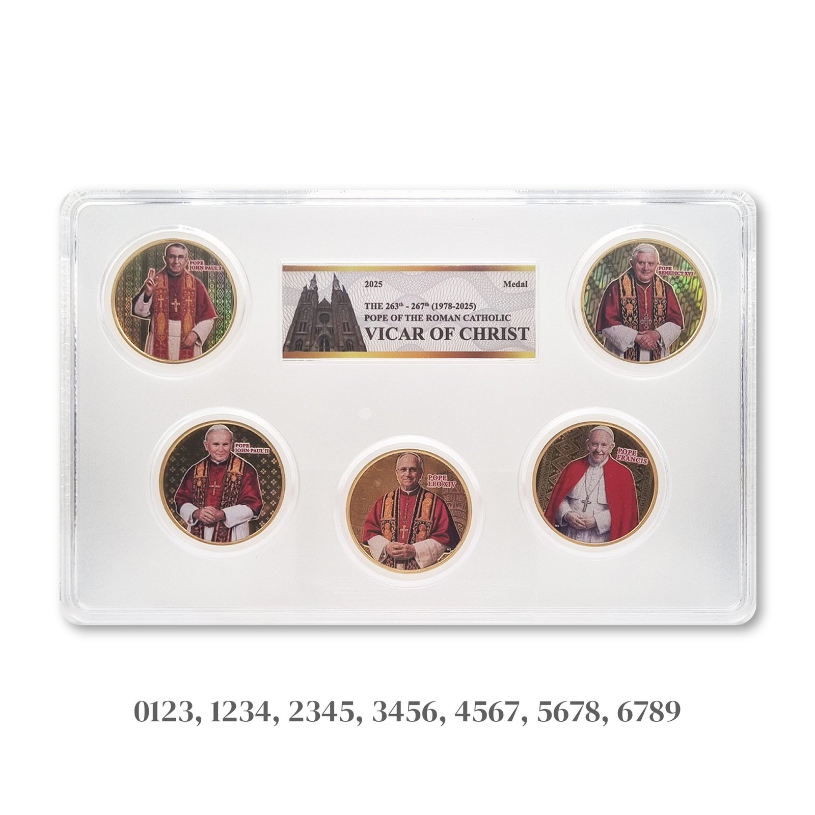 2025 Set of 7 Cooper Medal Pope 5 Latest Roman Catholic, Gold Plated Mint Indonesia, Ascending Number